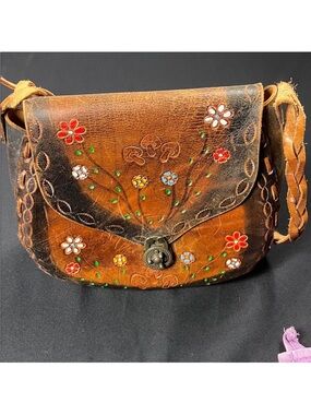 Handcrafted Brown Floral Tooled Leather Crossbody Bag